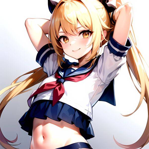 1girl Arms Up Arms Behind Head Blonde Hair Blue Skirt Bow Crop Top Crop Top Overhang Genshin Impact Gradient Background, 2977007953 - AIHentai - aihentai.co on pornsimulated.com