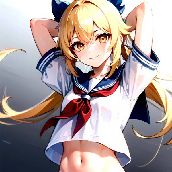1girl Arms Up Arms Behind Head Blonde Hair Blue Skirt Bow Crop Top Crop Top Overhang Genshin Impact Gradient Background, 980412326 - AIHentai - aihentai.co on pornsimulated.com