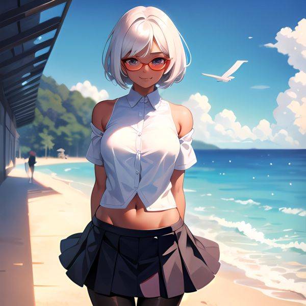 1girl Aircraft Bird Breasts Cloud Cloudy Sky Cowboy Shot Curtsey Dark Skinned Female Dark Skin Day Flashing Glasses Looking At, 2510226897 - AIHentai - aihentai.co on pornsimulated.com