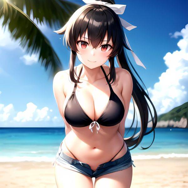 1girl Arms Behind Back Beach Bikini Bikini Under Shorts Black Bikini Black Hair Blurry Blurry Background Breasts Cleavage Closed, 428273122 - AIHentai - aihentai.co on pornsimulated.com