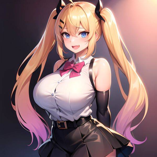 1girl Aymusk Belt Black Skirt Blonde Hair Blue Eyes Blush Bow Bowtie Breasts Curvy Elbow Gloves Fang Gloves Gradient Background, 1314322923 - AIHentai - aihentai.co on pornsimulated.com