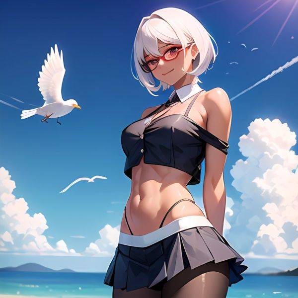 1girl Aircraft Bird Breasts Cloud Cloudy Sky Cowboy Shot Curtsey Dark Skinned Female Dark Skin Day Flashing Glasses Looking At, 4251629040 - AIHentai - aihentai.co on pornsimulated.com