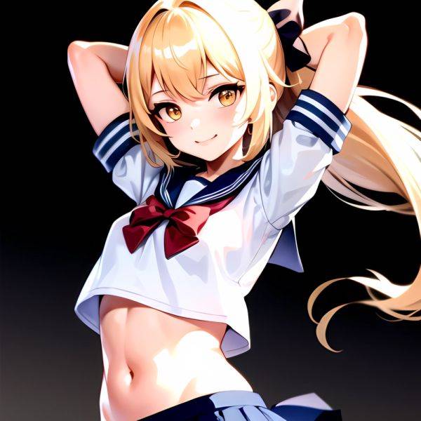 1girl Arms Up Arms Behind Head Blonde Hair Blue Skirt Bow Crop Top Crop Top Overhang Genshin Impact Gradient Background, 940538066 - AIHentai - aihentai.co on pornsimulated.com