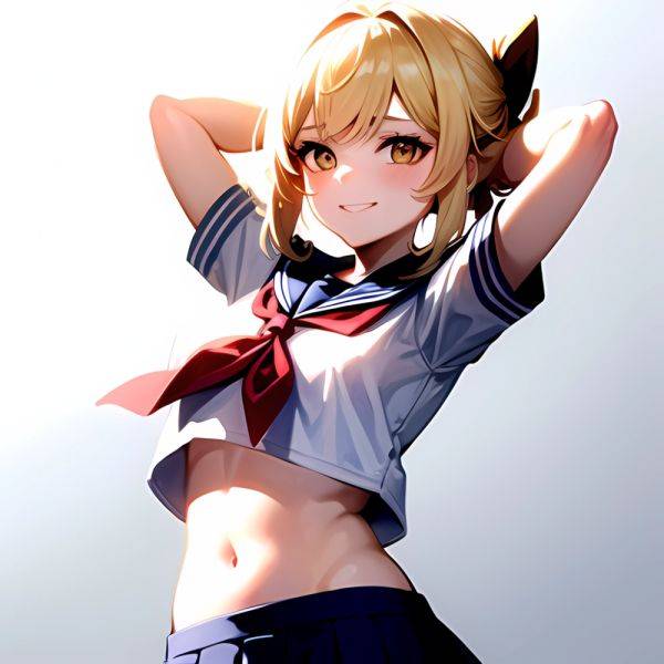 1girl Arms Up Arms Behind Head Blonde Hair Blue Skirt Bow Crop Top Crop Top Overhang Genshin Impact Gradient Background, 512268724 - AIHentai - aihentai.co on pornsimulated.com