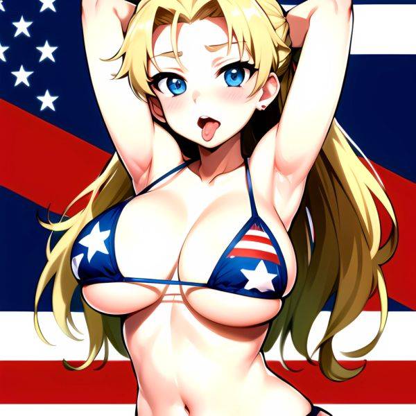 1girl American Flag Bikini Armpits Arms Behind Head Bikini Blonde Hair Blue Eyes Blush Breasts Covered Erect Nipples Flag Print, 133416415 - AIHentai - aihentai.co - Usa on pornsimulated.com