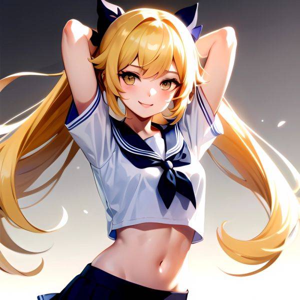 1girl Arms Up Arms Behind Head Blonde Hair Blue Skirt Bow Crop Top Crop Top Overhang Genshin Impact Gradient Background, 3154062066 - AIHentai - aihentai.co on pornsimulated.com