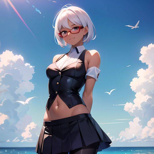 1girl Aircraft Bird Breasts Cloud Cloudy Sky Cowboy Shot Curtsey Dark Skinned Female Dark Skin Day Flashing Glasses Looking At, 1328130815 - AIHentai - aihentai.co on pornsimulated.com