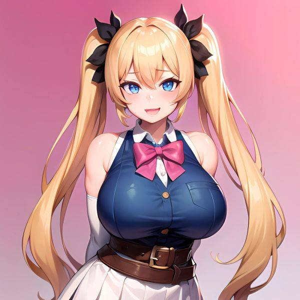 1girl Aymusk Belt White Skirt Blonde Hair Blue Eyes Blush Bow Bowtie Breasts Curvy Elbow Gloves Fang Gloves Gradient Background, 493991194 - AIHentai - aihentai.co on pornsimulated.com