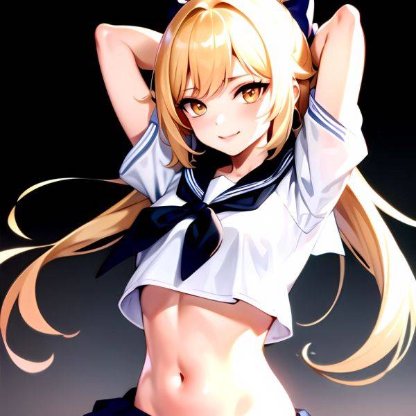 1girl Arms Up Arms Behind Head Blonde Hair Blue Skirt Bow Crop Top Crop Top Overhang Genshin Impact Gradient Background, 1535520203 - AIHentai - aihentai.co on pornsimulated.com