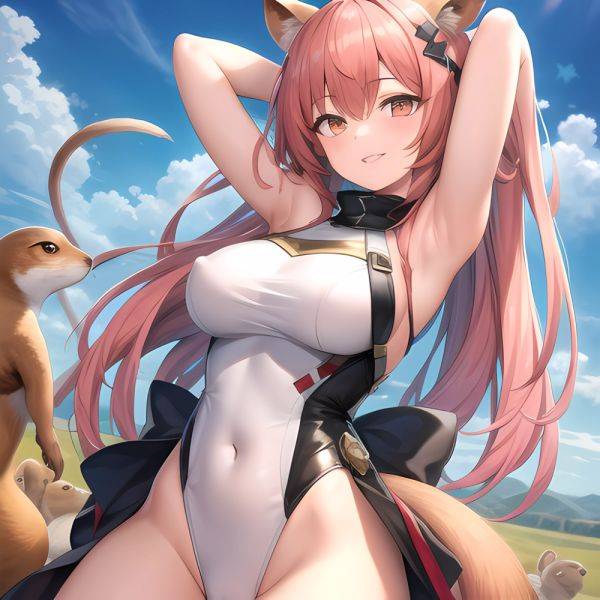 1girl Absurdres Animal Ear Fluff Animal Ears Arknights Arms Behind Head Chest Armor Covered Navel Gravel Arknights Highleg Highl, 4026907060 - AIHentai - aihentai.co on pornsimulated.com