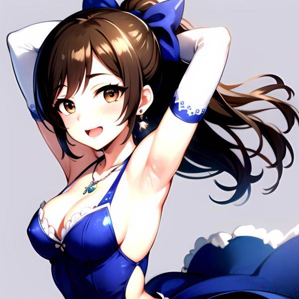 1girl Absurdres Armpits Arms Up Ayase Honoka Black Gloves Blue Bow Blue Dress Blush Bow Breasts Brown Eyes Brown Hair, 1019257000 - AIHentai - aihentai.co on pornsimulated.com
