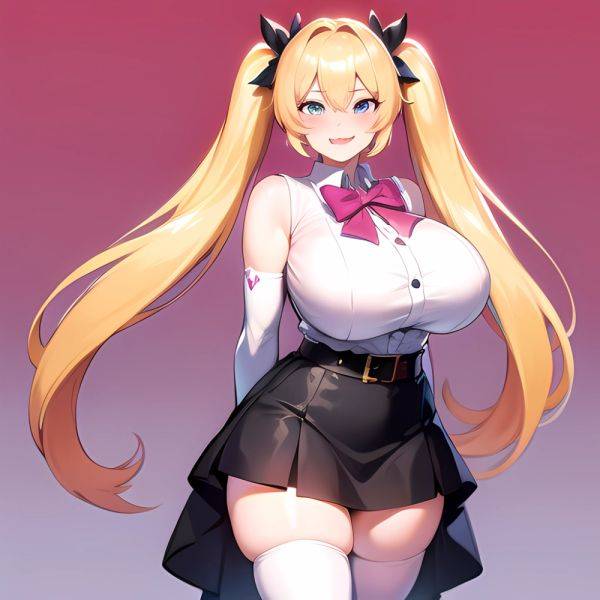 1girl Aymusk Belt Black Skirt Blonde Hair Blue Eyes Blush Bow Bowtie Breasts Curvy Elbow Gloves Fang Gloves Gradient Background, 3164086535 - AIHentai - aihentai.co on pornsimulated.com