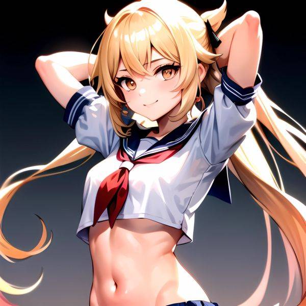 1girl Arms Up Arms Behind Head Blonde Hair Blue Skirt Bow Crop Top Crop Top Overhang Genshin Impact Gradient Background, 2178890502 - AIHentai - aihentai.co on pornsimulated.com