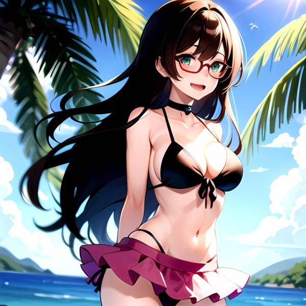 1girl D Bikini Bikini Bottom Aside Bikini Skirt Black Choker Blush Breasts Brown Hair Choker Cleavage Clothing Aside Front Tie, 1603066148 - AIHentai - aihentai.co on pornsimulated.com