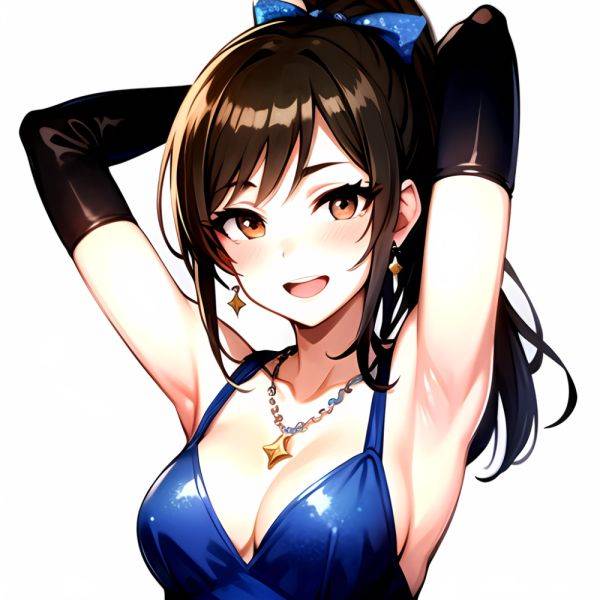 1girl Absurdres Armpits Arms Up Ayase Honoka Black Gloves Blue Bow Blue Dress Blush Bow Breasts Brown Eyes Brown Hair, 1680935008 - AIHentai - aihentai.co on pornsimulated.com
