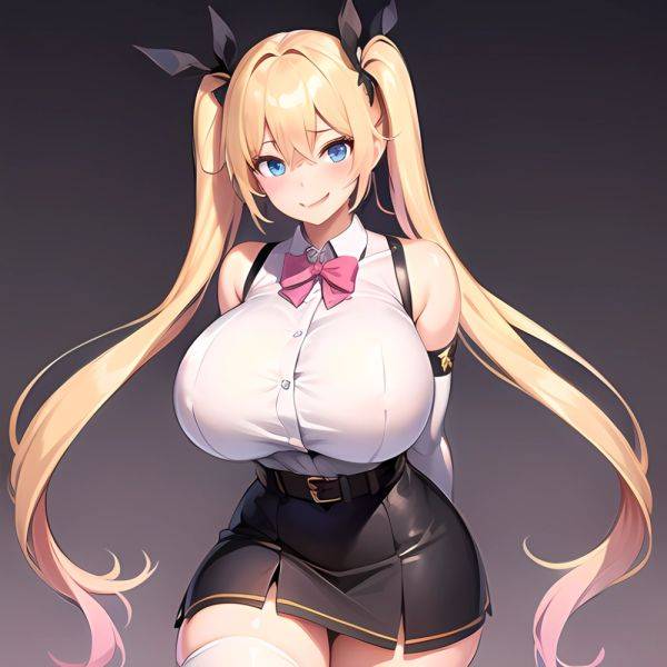 1girl Aymusk Belt Black Skirt Blonde Hair Blue Eyes Blush Bow Bowtie Breasts Curvy Elbow Gloves Fang Gloves Gradient Background, 326402594 - AIHentai - aihentai.co on pornsimulated.com