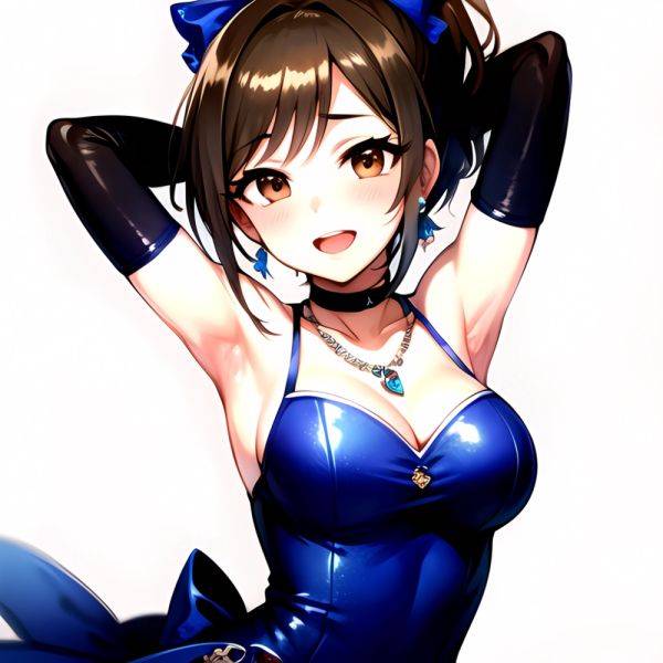 1girl Absurdres Armpits Arms Up Ayase Honoka Black Gloves Blue Bow Blue Dress Blush Bow Breasts Brown Eyes Brown Hair, 3750196913 - AIHentai - aihentai.co on pornsimulated.com