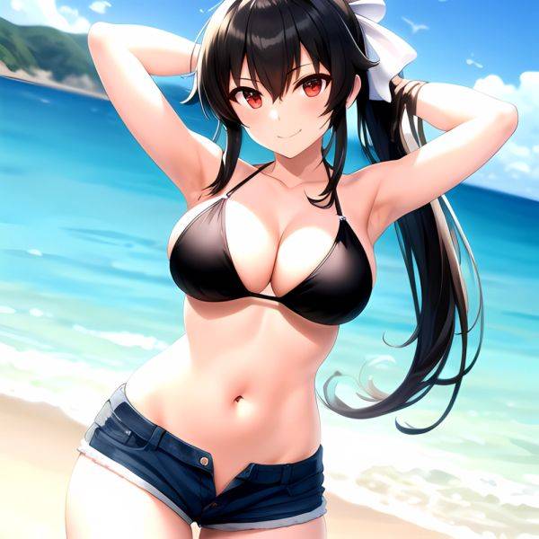 1girl Arms Behind Head Armpits Beach Bikini Bikini Under Shorts Black Bikini Black Hair Blurry Blurry Background Breasts Cleavag, 1459909257 - AIHentai - aihentai.co on pornsimulated.com