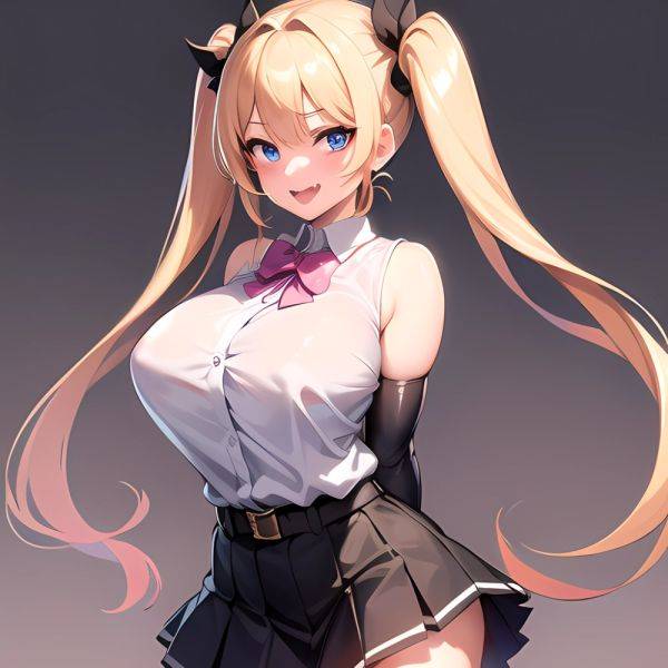 1girl Aymusk Belt Black Skirt Blonde Hair Blue Eyes Blush Bow Bowtie Breasts Curvy Elbow Gloves Fang Gloves Gradient Background, 684059988 - AIHentai - aihentai.co on pornsimulated.com