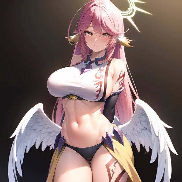 Jibril Anime Absurdres Long Hair Pink Hair Halo Large Breasts Tattoo Cleavage Sideboob Midriff Asymmetrical Legwear Mismatched L, 1105057659 - AIHentai - aihentai.co on pornsimulated.com