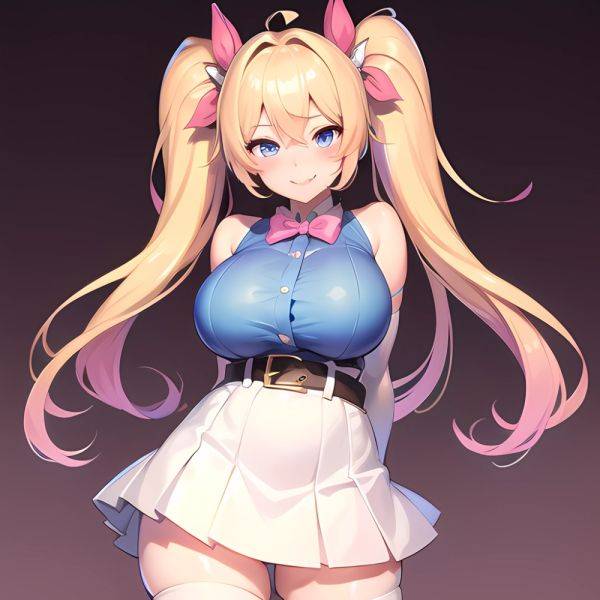 1girl Aymusk Belt White Skirt Blonde Hair Blue Eyes Blush Bow Bowtie Breasts Curvy Elbow Gloves Fang Gloves Gradient Background, 213866680 - AIHentai - aihentai.co on pornsimulated.com