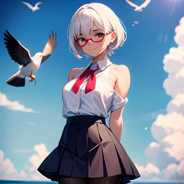1girl Aircraft Bird Breasts Cloud Cloudy Sky Cowboy Shot Curtsey Dark Skinned Female Dark Skin Day Flashing Glasses Looking At, 3411973879 - AIHentai - aihentai.co on pornsimulated.com