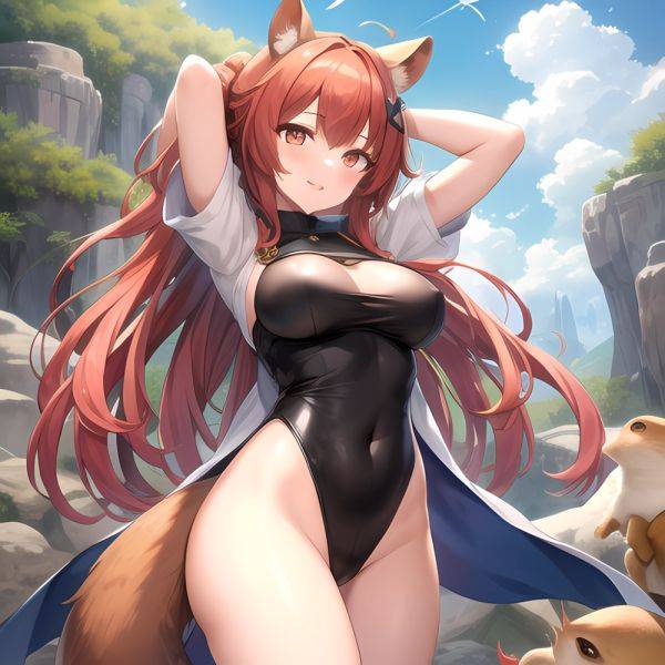 1girl Absurdres Animal Ear Fluff Animal Ears Arknights Arms Behind Head Chest Armor Covered Navel Gravel Arknights Highleg Highl, 404685215 - AIHentai - aihentai.co on pornsimulated.com