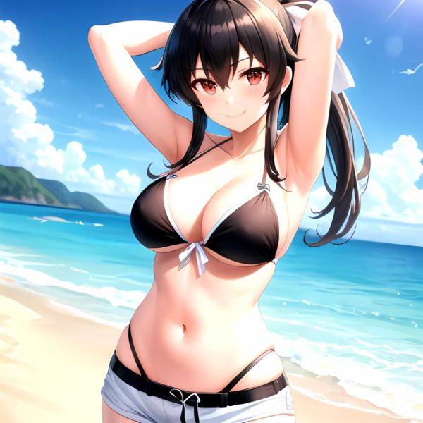 1girl Arms Behind Head Armpits Beach Bikini Bikini Under Shorts Black Bikini Black Hair Blurry Blurry Background Breasts Cleavag, 2997009290 - AIHentai - aihentai.co on pornsimulated.com