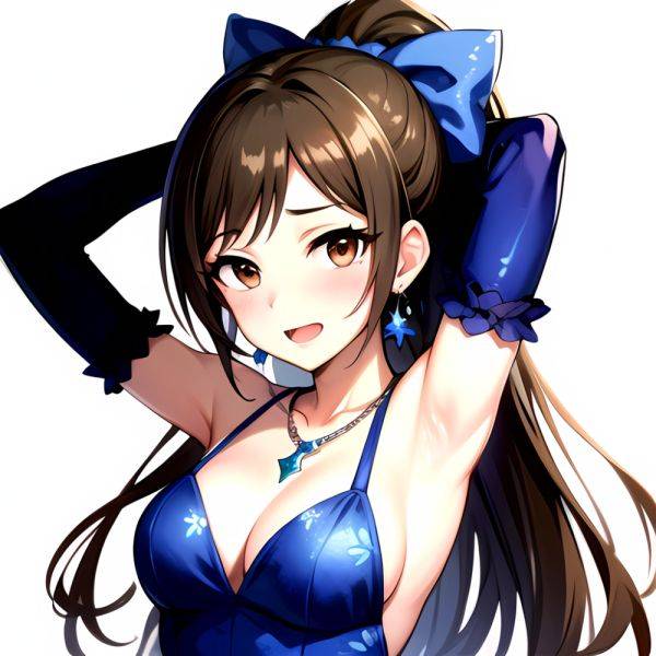 1girl Absurdres Armpits Arms Up Ayase Honoka Black Gloves Blue Bow Blue Dress Blush Bow Breasts Brown Eyes Brown Hair, 4224814864 - AIHentai - aihentai.co on pornsimulated.com