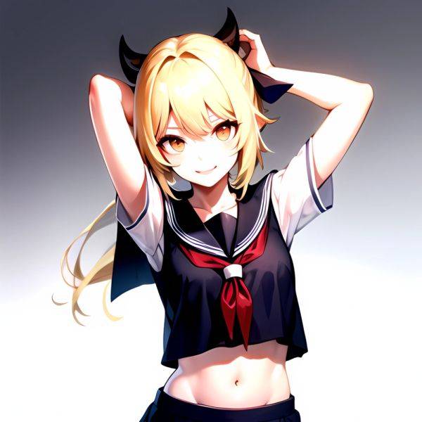 1girl Arms Up Arms Behind Head Blonde Hair Blue Skirt Bow Crop Top Crop Top Overhang Genshin Impact Gradient Background, 1472432727 - AIHentai - aihentai.co on pornsimulated.com
