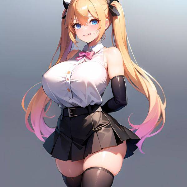 1girl Aymusk Belt Black Skirt Blonde Hair Blue Eyes Blush Bow Bowtie Breasts Curvy Elbow Gloves Fang Gloves Gradient Background, 3242614206 - AIHentai - aihentai.co on pornsimulated.com