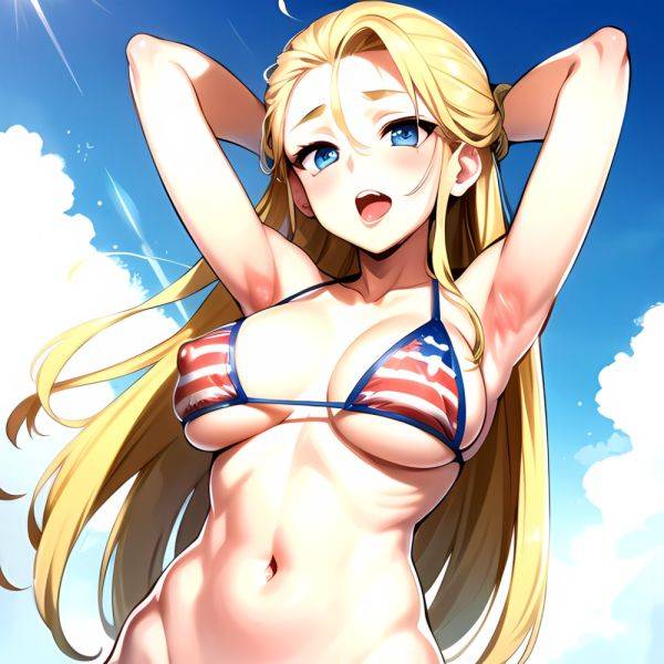 1girl American Flag Bikini Armpits Arms Behind Head Bikini Blonde Hair Blue Eyes Blush Breasts Covered Erect Nipples Flag Print, 3140190302 - AIHentai - aihentai.co - Usa on pornsimulated.com