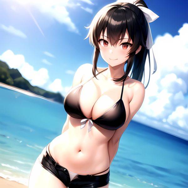 1girl Arms Behind Back Beach Bikini Bikini Under Shorts Black Bikini Black Hair Blurry Blurry Background Breasts Cleavage Closed, 1488053856 - AIHentai - aihentai.co on pornsimulated.com