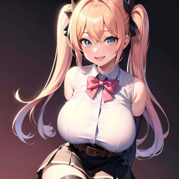 1girl Aymusk Belt Black Skirt Blonde Hair Blue Eyes Blush Bow Bowtie Breasts Curvy Elbow Gloves Fang Gloves Gradient Background, 3583862733 - AIHentai - aihentai.co on pornsimulated.com