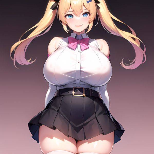 1girl Aymusk Belt Black Skirt Blonde Hair Blue Eyes Blush Bow Bowtie Breasts Curvy Elbow Gloves Fang Gloves Gradient Background, 1890439897 - AIHentai - aihentai.co on pornsimulated.com