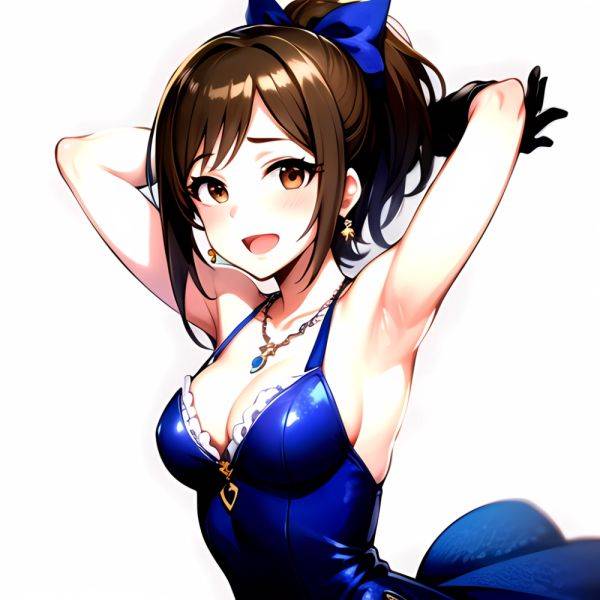 1girl Absurdres Armpits Arms Up Ayase Honoka Black Gloves Blue Bow Blue Dress Blush Bow Breasts Brown Eyes Brown Hair, 436925977 - AIHentai - aihentai.co on pornsimulated.com