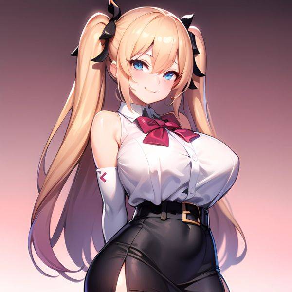 1girl Aymusk Belt Black Skirt Blonde Hair Blue Eyes Blush Bow Bowtie Breasts Curvy Elbow Gloves Fang Gloves Gradient Background, 3076656070 - AIHentai - aihentai.co on pornsimulated.com