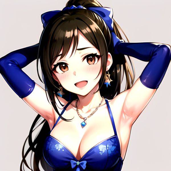 1girl Absurdres Armpits Arms Up Ayase Honoka Black Gloves Blue Bow Blue Dress Blush Bow Breasts Brown Eyes Brown Hair, 2108635646 - AIHentai - aihentai.co on pornsimulated.com
