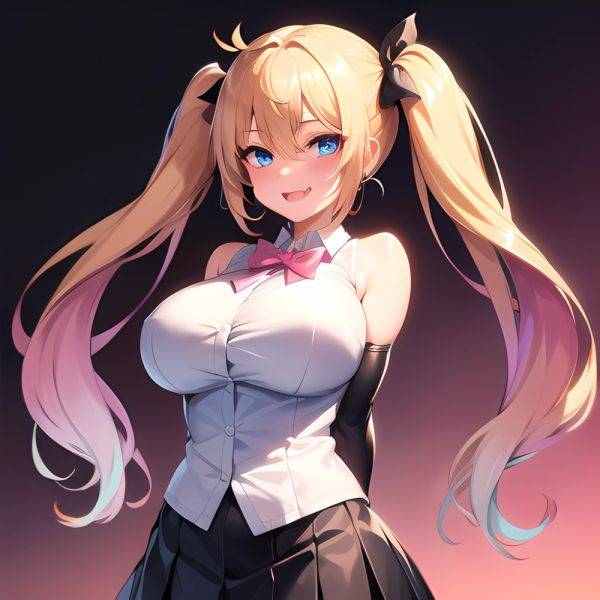 1girl Aymusk Belt Black Skirt Blonde Hair Blue Eyes Blush Bow Bowtie Breasts Curvy Elbow Gloves Fang Gloves Gradient Background, 726436843 - AIHentai - aihentai.co on pornsimulated.com