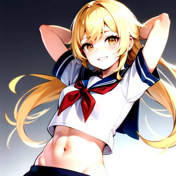 1girl Arms Up Arms Behind Head Blonde Hair Blue Skirt Bow Crop Top Crop Top Overhang Genshin Impact Gradient Background, 985789701 - AIHentai - aihentai.co on pornsimulated.com