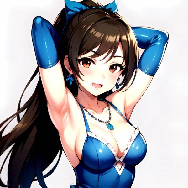 1girl Absurdres Armpits Arms Up Ayase Honoka Black Gloves Blue Bow Blue Dress Blush Bow Breasts Brown Eyes Brown Hair, 678678138 - AIHentai - aihentai.co on pornsimulated.com