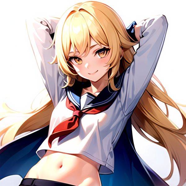 1girl Arms Up Arms Behind Head Blonde Hair Blue Skirt Bow Crop Top Crop Top Overhang Genshin Impact Gradient Background, 1449918420 - AIHentai - aihentai.co on pornsimulated.com