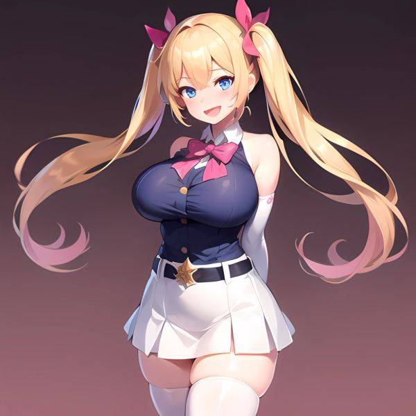 1girl Aymusk Belt White Skirt Blonde Hair Blue Eyes Blush Bow Bowtie Breasts Curvy Elbow Gloves Fang Gloves Gradient Background, 4264980727 - AIHentai - aihentai.co on pornsimulated.com