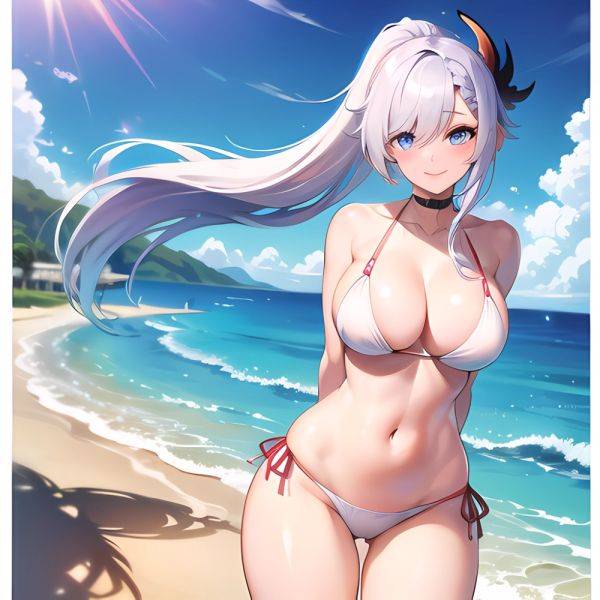 1girl Absurdres Bare Shoulders Beach Bikini Blue Eyes Blue Sky Blush Braid Braided Ponytail Breasts Cleavage Collarbone Genshin, 3816200191 - AIHentai - aihentai.co on pornsimulated.com