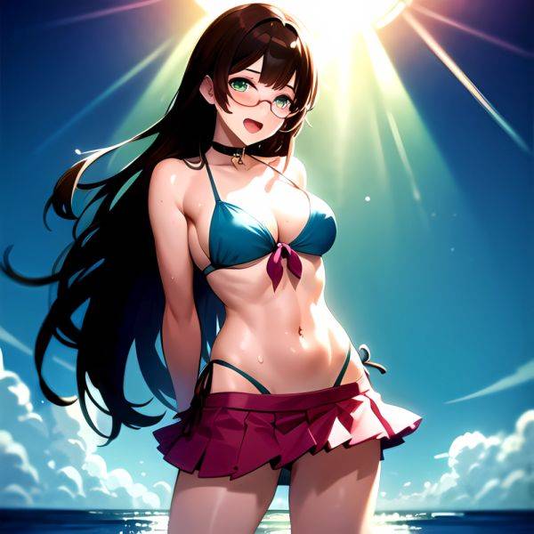 1girl D Bikini Bikini Bottom Aside Bikini Skirt Black Choker Blush Breasts Brown Hair Choker Cleavage Clothing Aside Front Tie, 740199666 - AIHentai - aihentai.co on pornsimulated.com