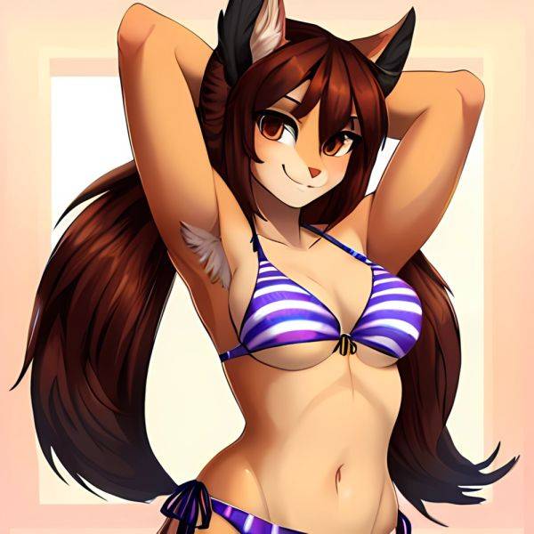 1girl Armpits Arms Behind Head Bikini Brown Eyes Brown Hair Cowboy Shot Dot Nose Flat Chest From Side Hair Ornament, 1391114912 - AIHentai - aihentai.co on pornsimulated.com