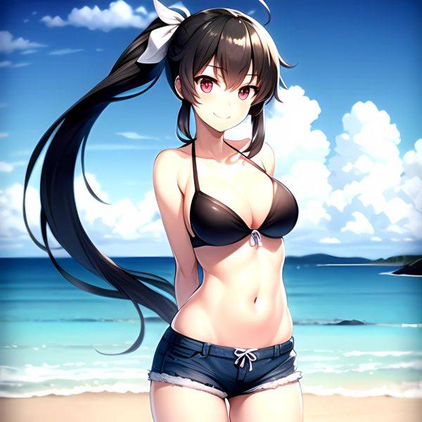 1girl Arms Behind Back Beach Bikini Bikini Under Shorts Black Bikini Black Hair Blurry Blurry Background Breasts Cleavage Closed, 2936887437 - AIHentai - aihentai.co on pornsimulated.com