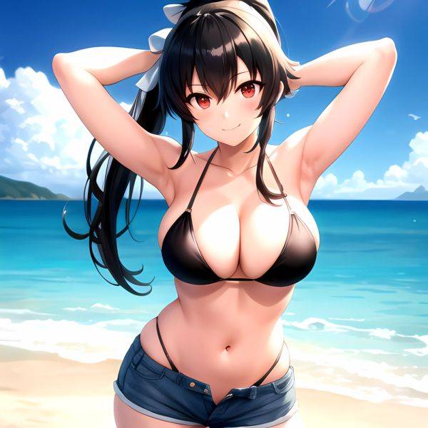 1girl Arms Behind Head Armpits Beach Bikini Bikini Under Shorts Black Bikini Black Hair Blurry Blurry Background Breasts Cleavag, 3576168837 - AIHentai - aihentai.co on pornsimulated.com