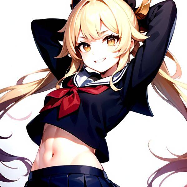 1girl Arms Up Arms Behind Head Blonde Hair Blue Skirt Bow Crop Top Crop Top Overhang Genshin Impact Gradient Background, 2523477204 - AIHentai - aihentai.co on pornsimulated.com
