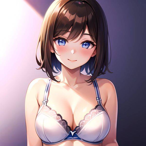 1girl Ai Generated Blue Eyes Blush Breasts Brown Hair Highres Large Breasts Light Smile Looking At Viewer Purple Background Shor, 2851048418 - AIHentai - aihentai.co on pornsimulated.com